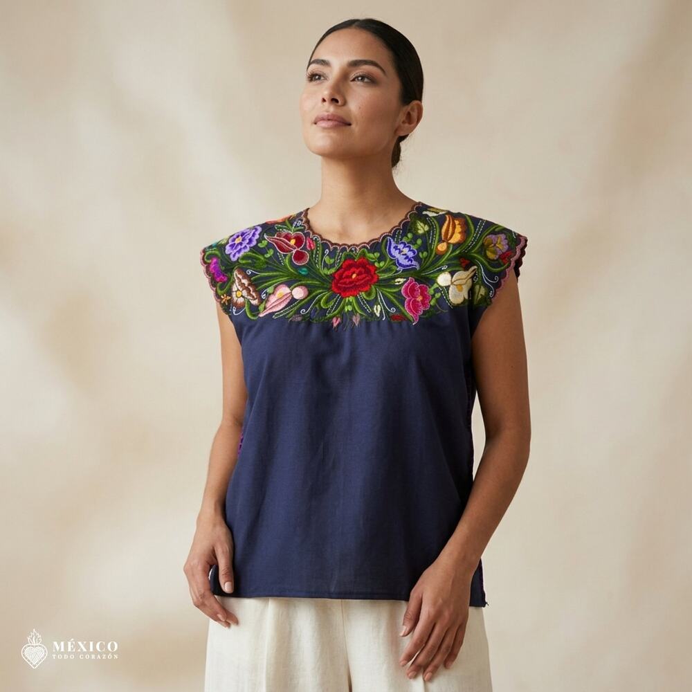 Traditional Mexican Huipil Blouse – Handmade Embroidered Manta Top